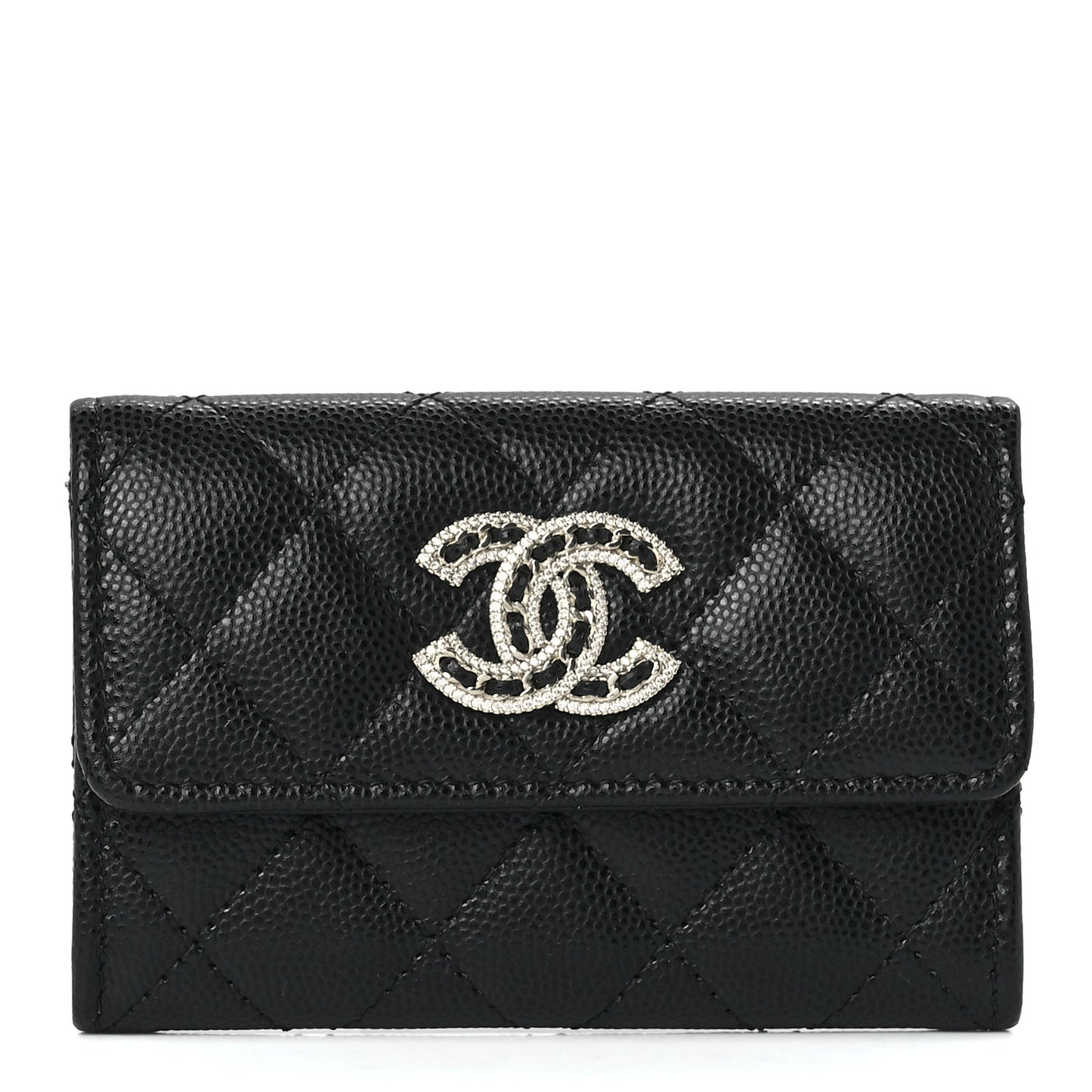 Caviar Quilted Crystal CC Flap Card Holder Black