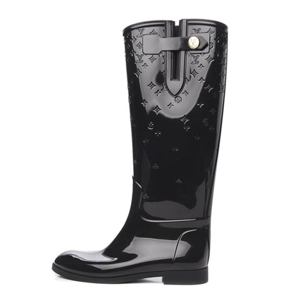 Louis Vuitton Rubber Embossed Monogram Drops High Rain Boots 39 Black 1 of 8