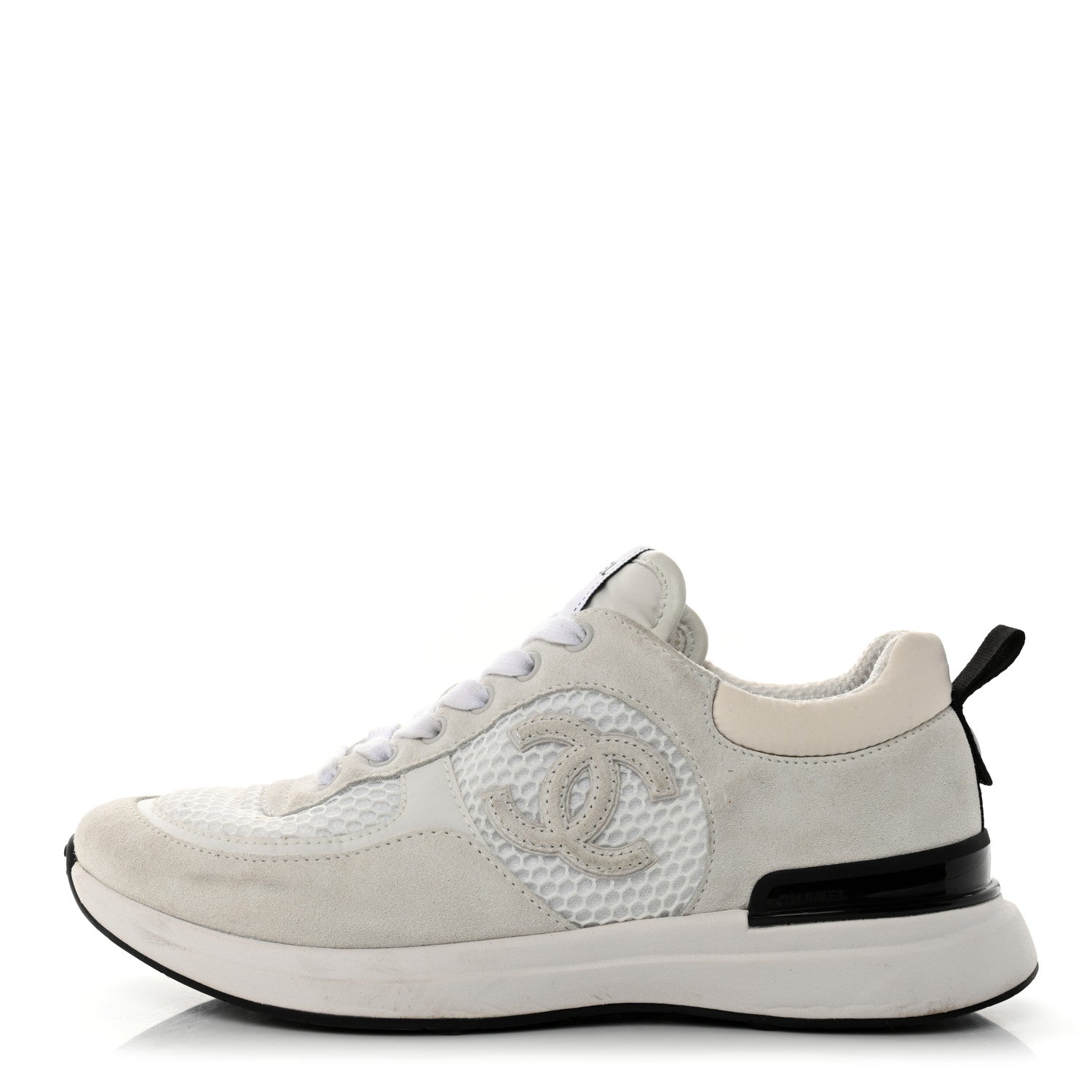 Chanel Calfskin Mesh Lycra Suede Womens Logo Sneakers 37.5 White 1 of 9