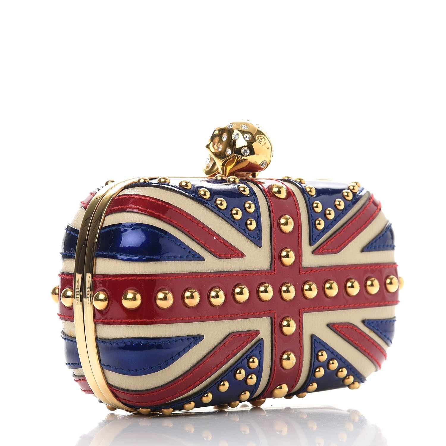 Alexander McQueen Patent Calfskin Studded Britannia Skull Box Clutch Red Blue 3 of 7