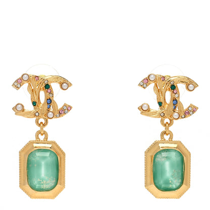 Chanel Crystal Pearl Glitter CC Drop Earrings Gold Green 1 of 5