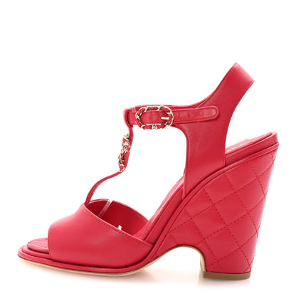 Chanel Lambskin Quilted Chain CC Wedge Sandals 38 Red 1 of 10