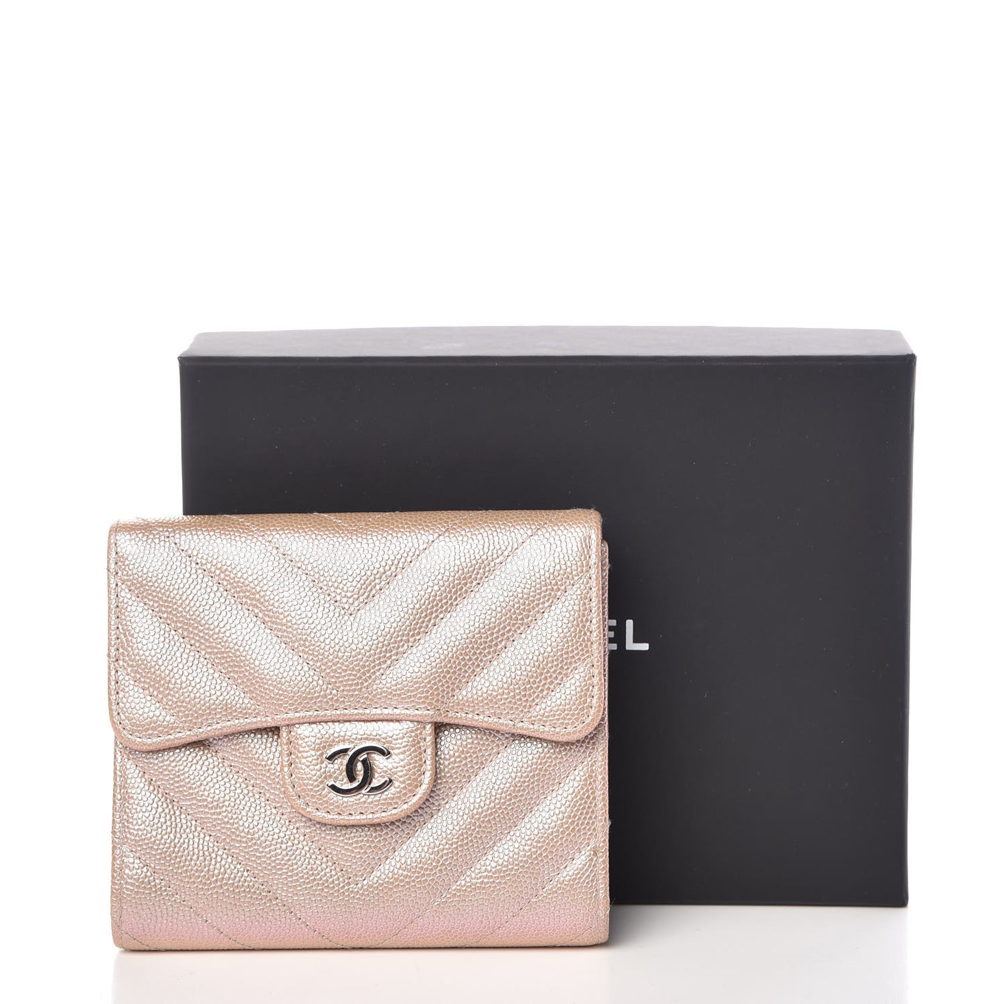 Metallic Caviar Chevron Quilted Compact Flap Wallet Light Gold