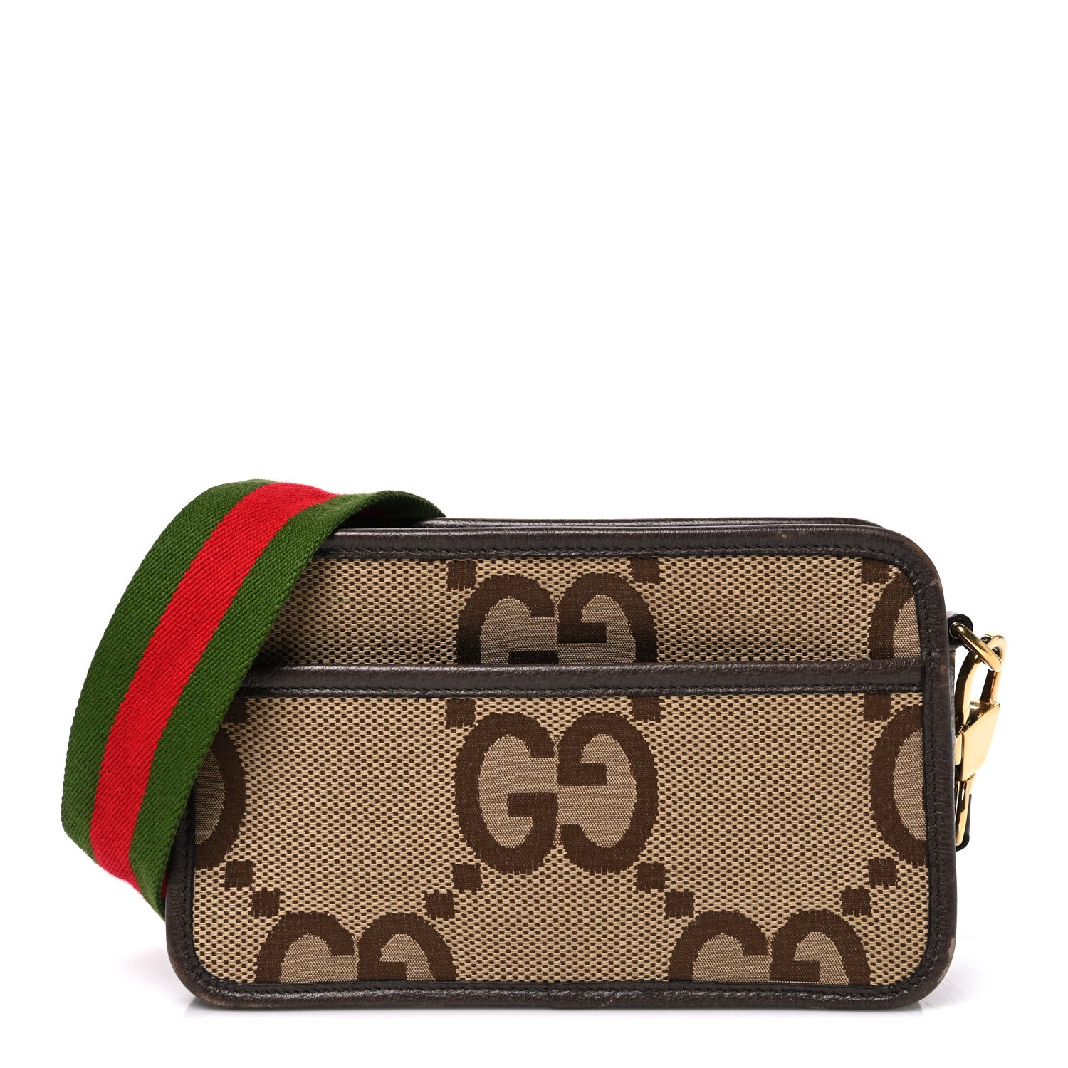 Gucci Monogram Jumbo GG Textured Dollar Calfskin Web Mini Crossbody Bag Camel Ebony New Acero 1 of 11