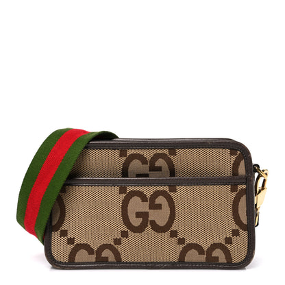 Gucci Monogram Jumbo GG Textured Dollar Calfskin Web Mini Crossbody Bag Camel Ebony New Acero 1 of 11