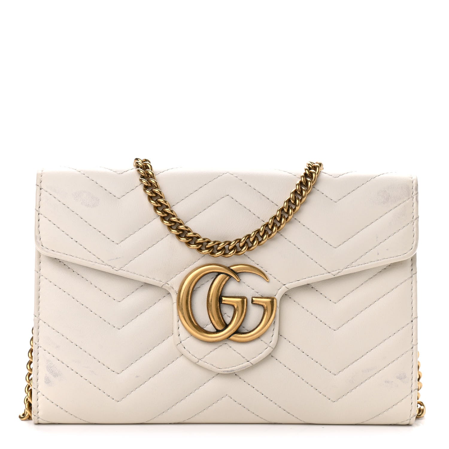 Gucci Calfskin Matelasse Mini GG Marmont Chain Wallet Mystic White 1 of 14
