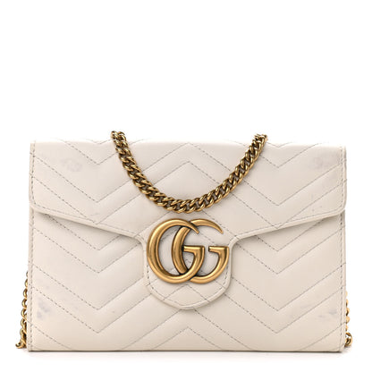 Gucci Calfskin Matelasse Mini GG Marmont Chain Wallet Mystic White 1 of 14