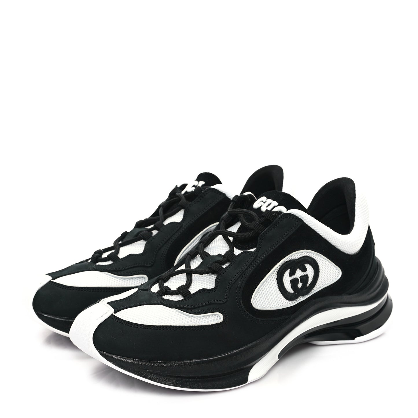 Technical Knit Fabric Suede Calfskin Mens Gucci Run Sneakers 8 Black White