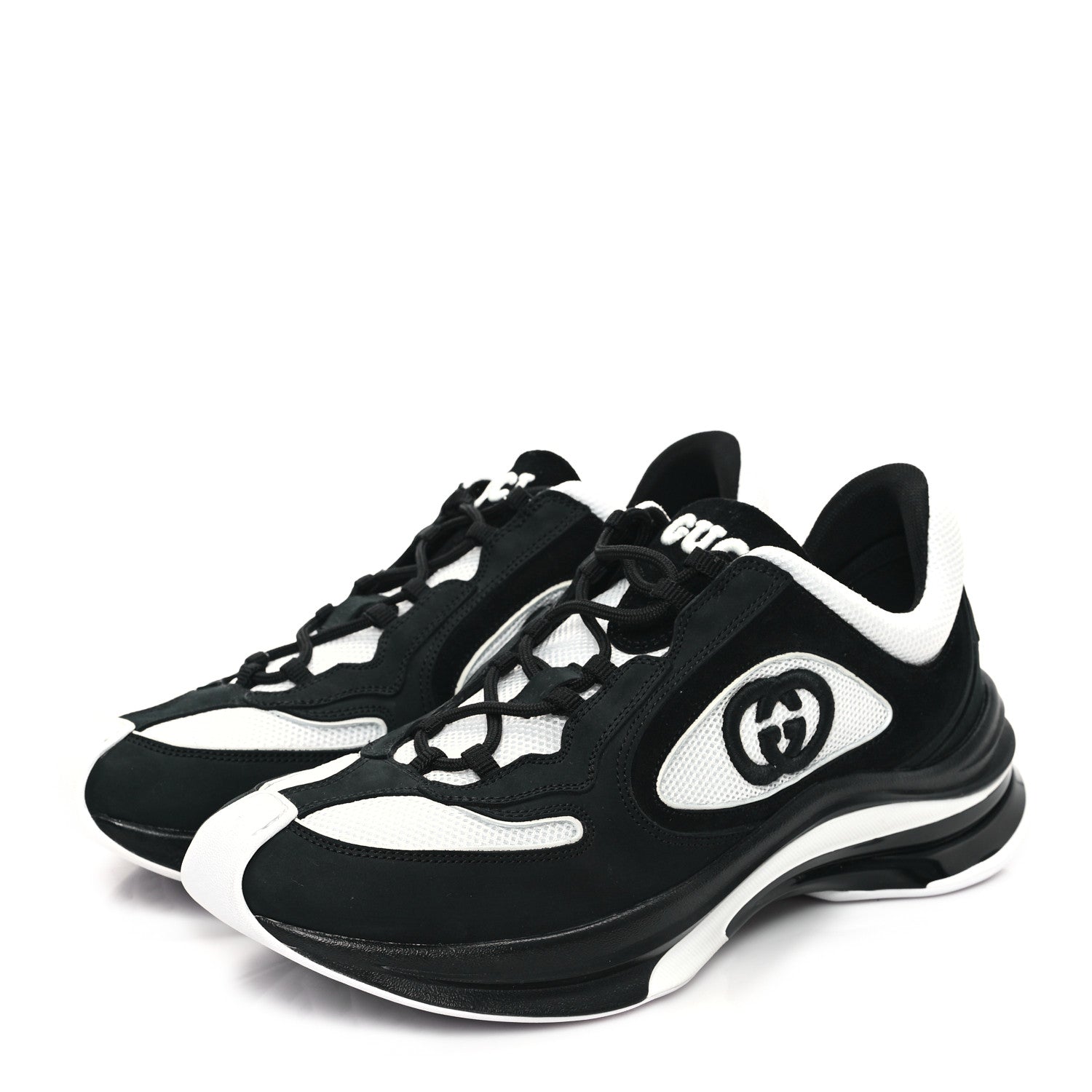 Gucci Technical Knit Fabric Suede Calfskin Mens Gucci Run Sneakers 8 Black White 3 of 7