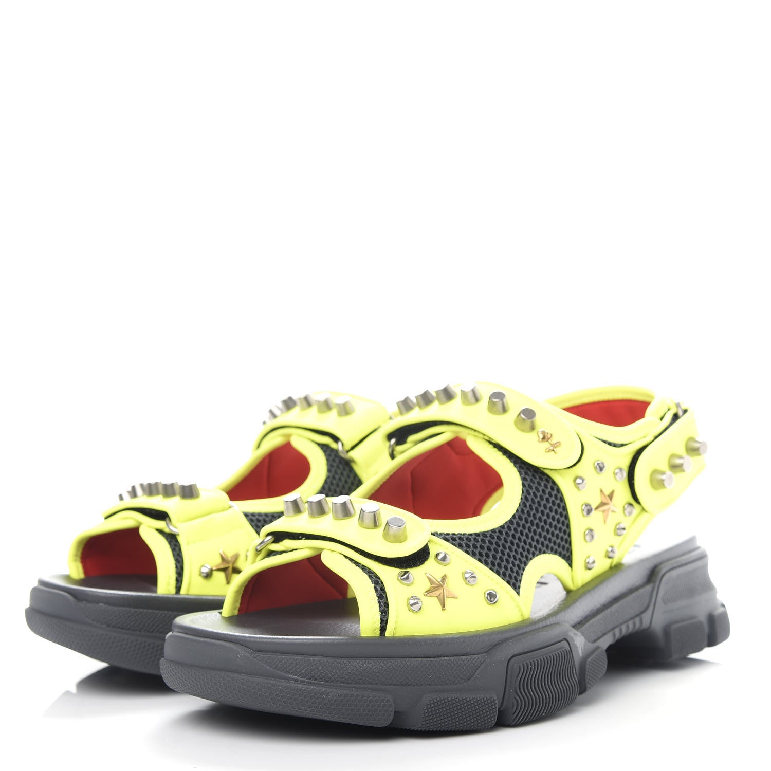 Gucci Technical Canvas Calfskin Studded Mens Aguru Sandals 8 Neon Yellow 3 of 11