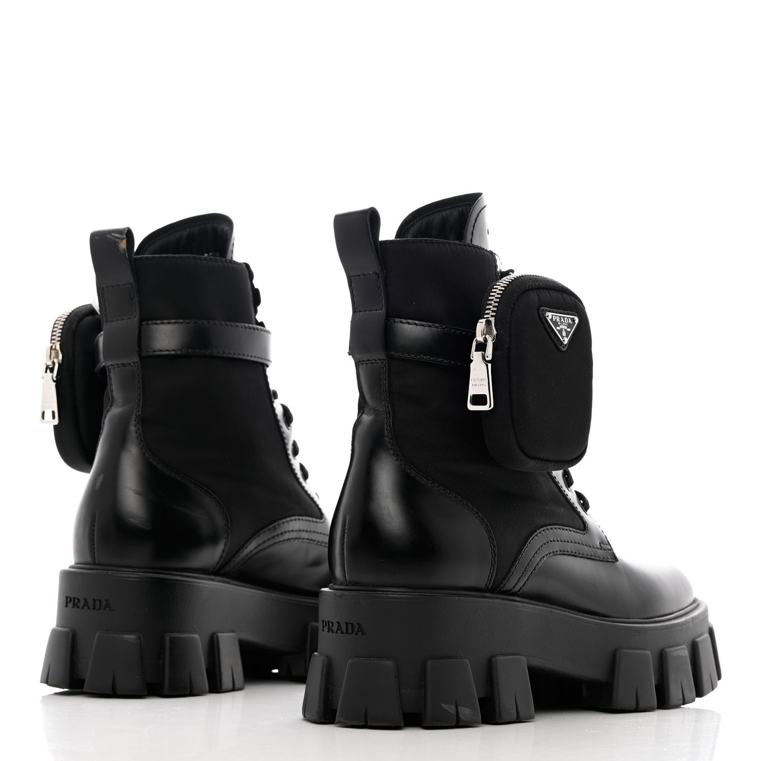 Prada Spazzolato Rois Nylon Metal Triangle Logo Monolith Pouch Pocket 55mm Boots 38.5 Black 4 of 14