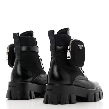 Prada Spazzolato Rois Nylon Metal Triangle Logo Monolith Pouch Pocket 55mm Boots 38.5 Black 4 of 14