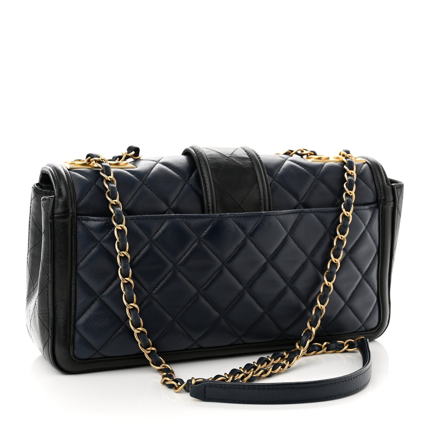 Calfskin Quilted Large Elegant CC Flap Navy Black