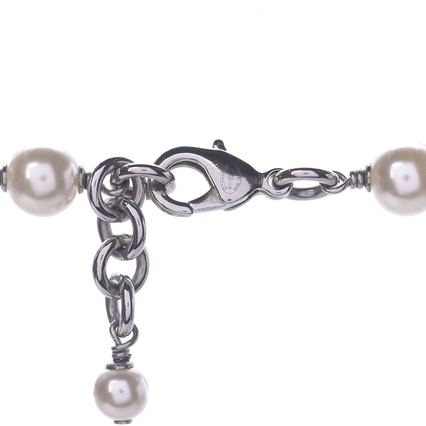 Graduated Pearl Crystal CC Long Necklace Silver