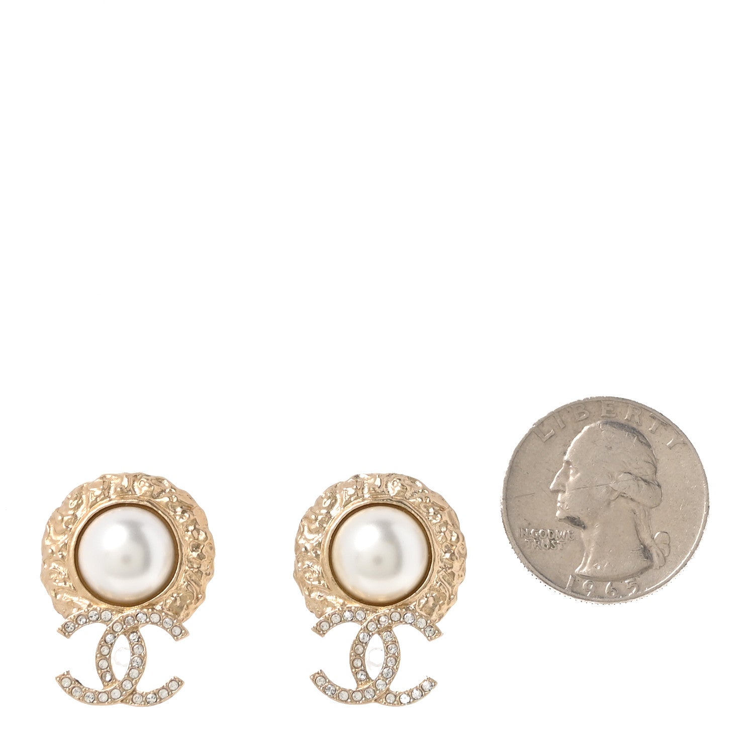 Chanel Crystal Pearl Textured CC Round Drop Earrings Gold 2 of 5