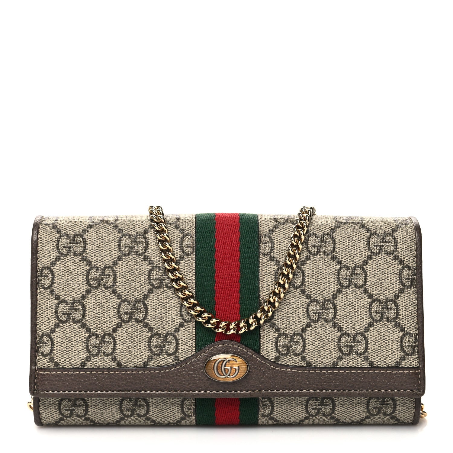 Gucci GG Supreme Monogram Web Ophidia Wallet On Chain Brown 1 of 11