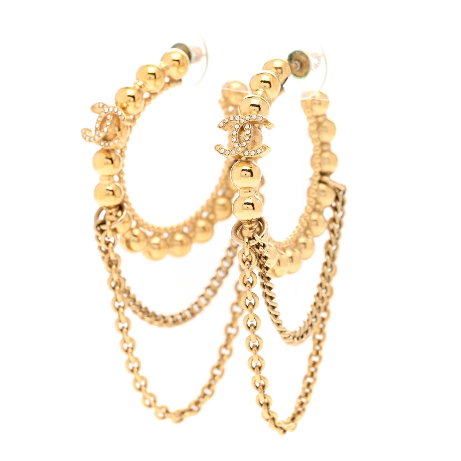 Chanel Metal Crystal Bead Chain CC Hoop Earrings Gold 3 of 5