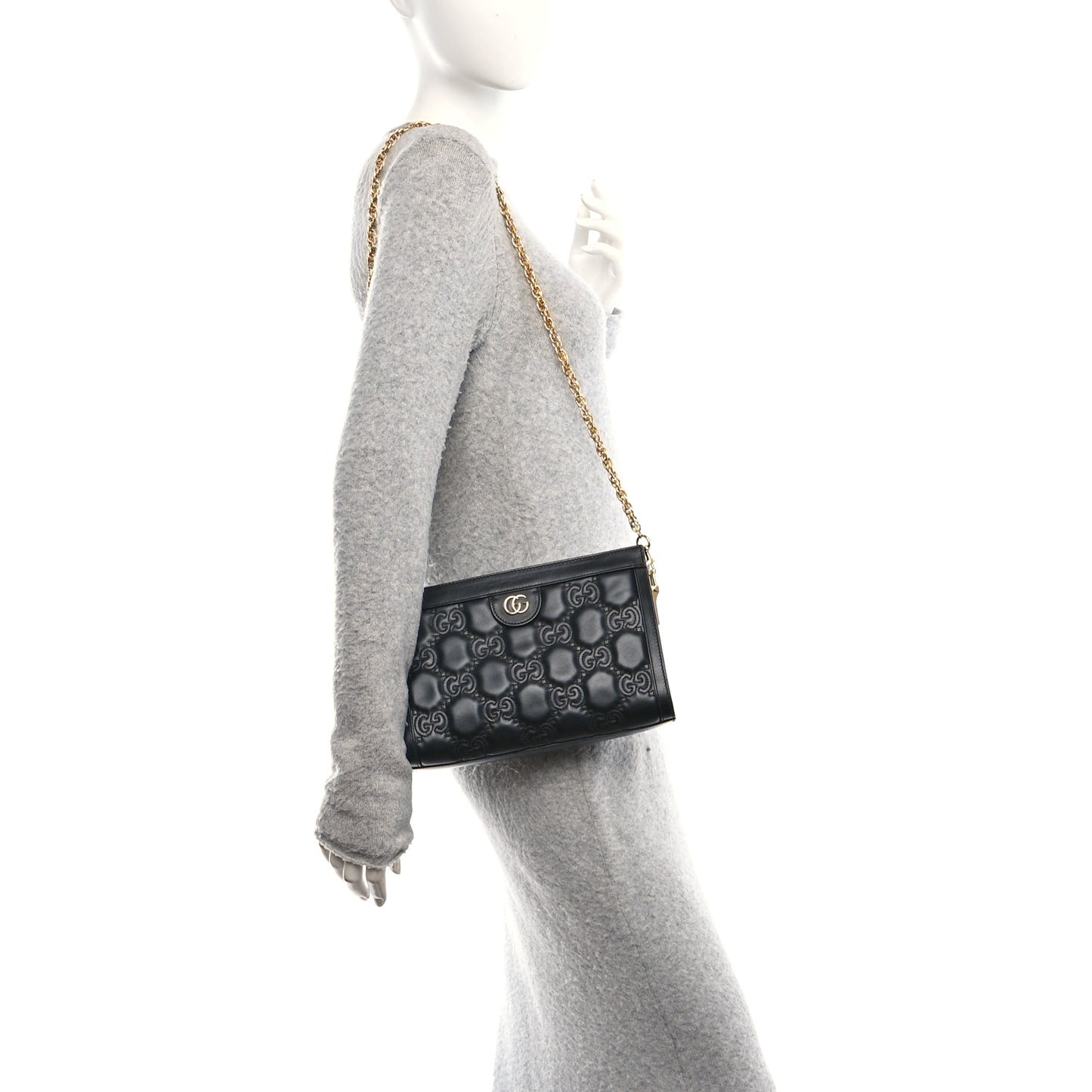 Calfskin GG Matelasse Small Slim Chain Shoulder Bag Black Natural
