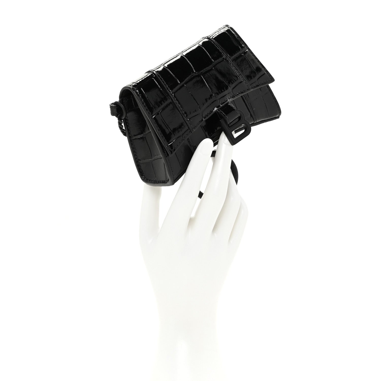 Balenciaga Shiny Calfskin Monochrome Crocodile Embossed Hourglass Chain Cardholder Black 2 of 12