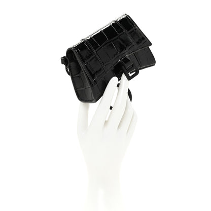Balenciaga Shiny Calfskin Monochrome Crocodile Embossed Hourglass Chain Cardholder Black 2 of 12