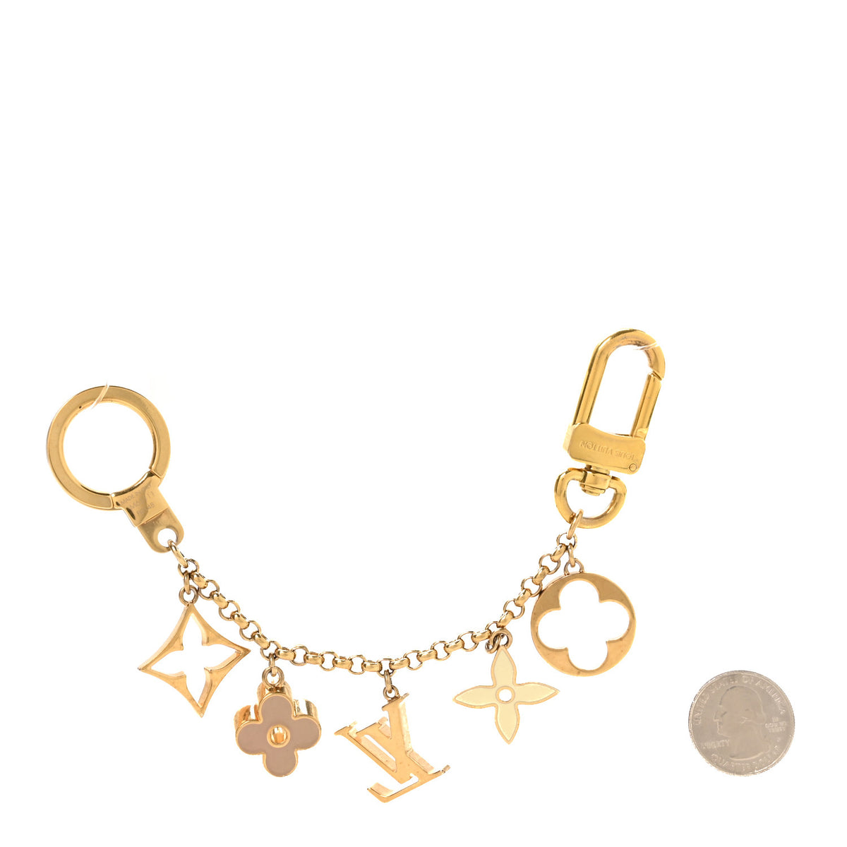 Brass Enamel Fleur De Monogram Bag Charm Chain Gold