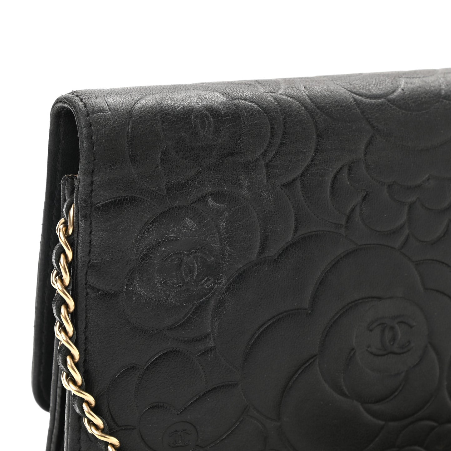 Lambskin Camellia Embossed Wallet on Chain WOC Black