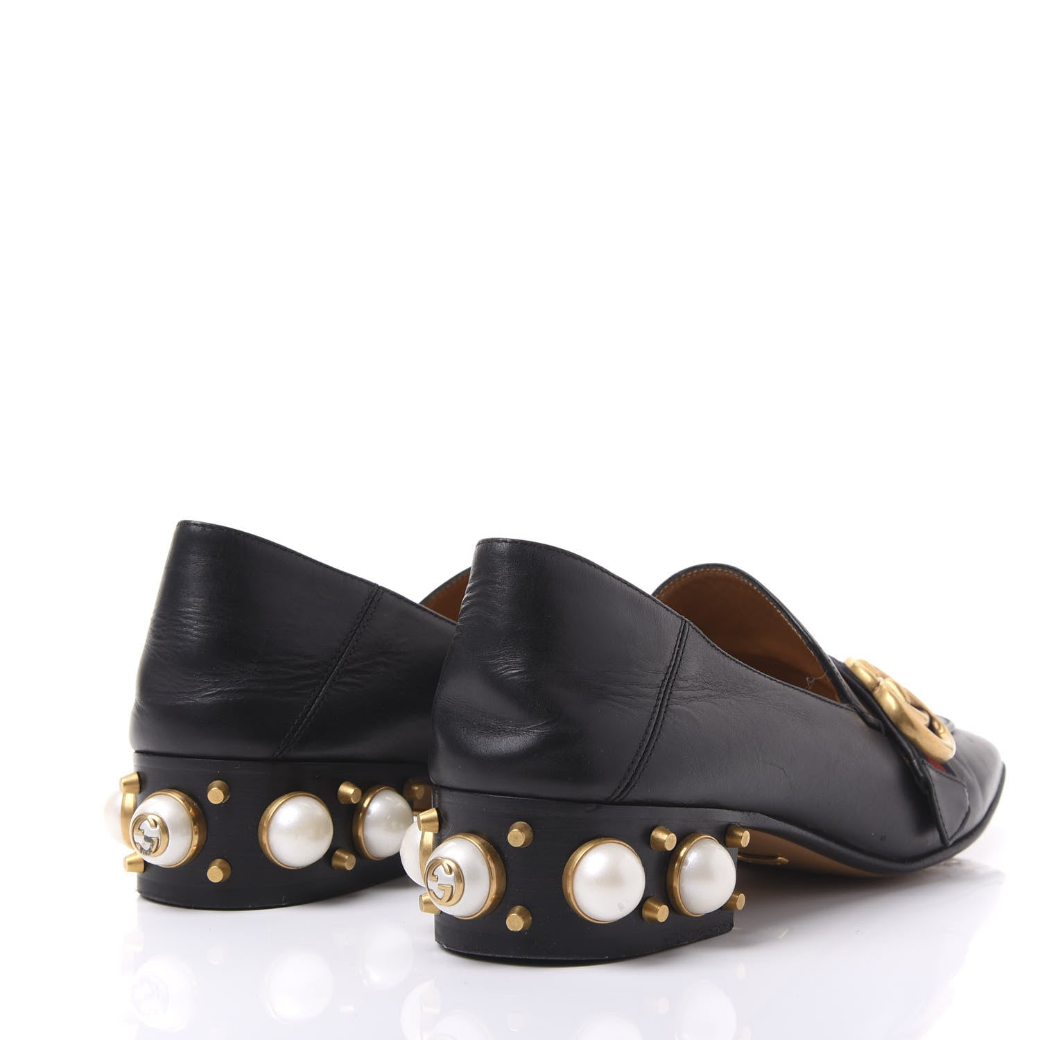 Gucci Betis Glamour Calfskin Web Pearl Embellished Peyton 35mm Loafer Pumps 37 Black 4 of 7