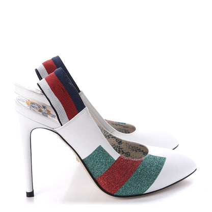 Gucci Calfskin Glitter Web High Heel Slingback Pumps 36 White 4 of 10