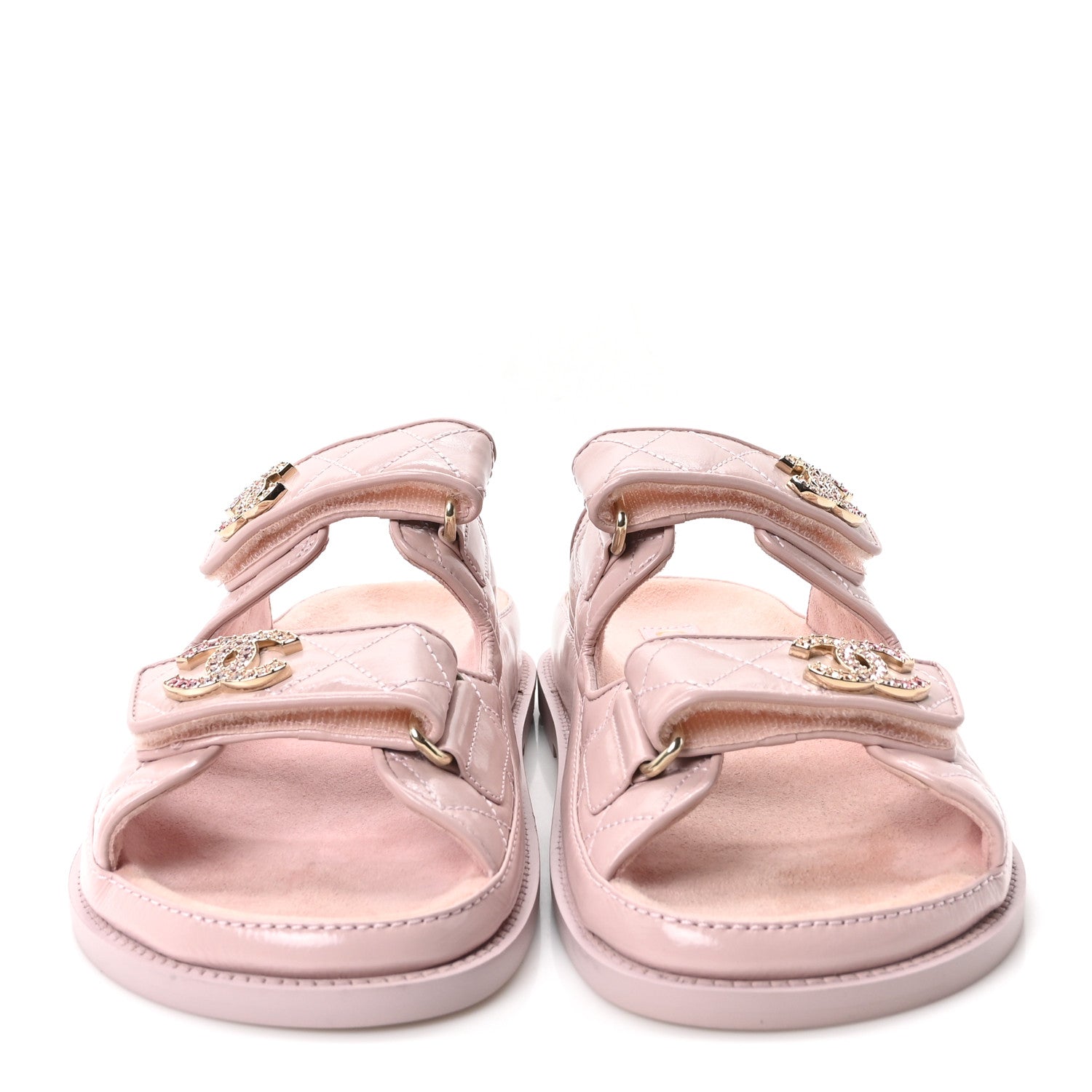 Chanel Shiny Calfskin Quilted Velcro Dad Crystal CC Slide Sandals 37.5 Light Pink 3 of 10
