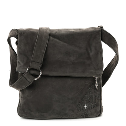 Chrome Hearts Suede Calfskin Zip Top Cross Patch Crossbody Bag Black Grey 1 of 9