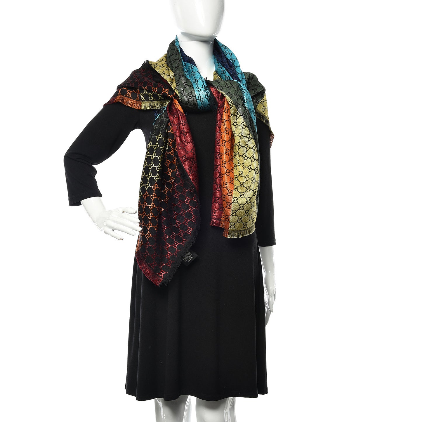 Viscose Cotton Silk Jacquard GG Monogram Shiny Summer Square Shawl Black Multicolor