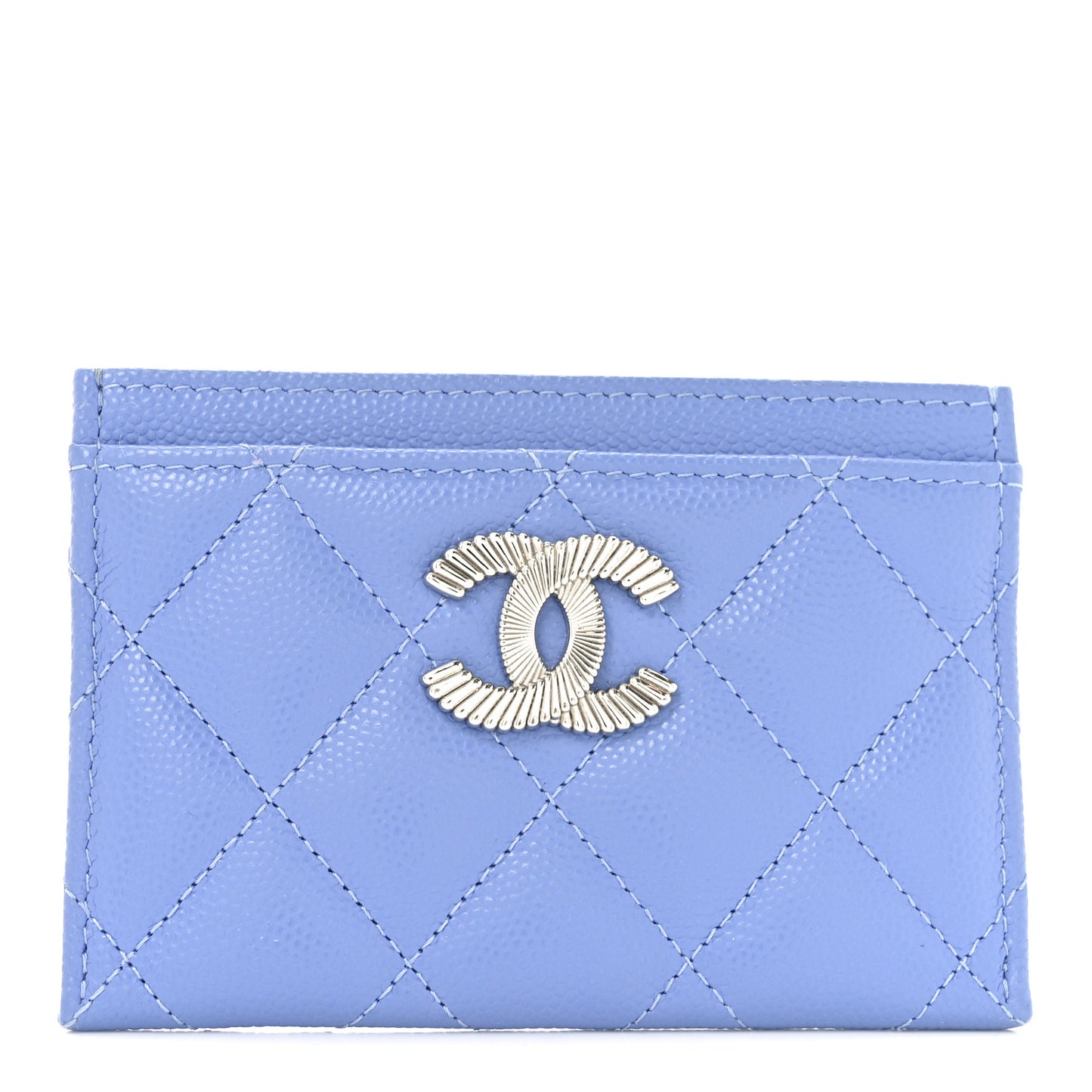 Caviar Quilted Ribbed Metal CC Card Holder Blue