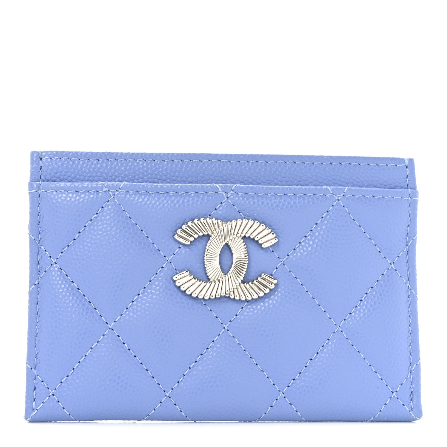 Chanel Caviar Quilted Ribbed Metal CC Card Holder Blue 1 of 8