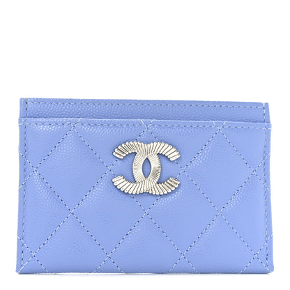 Chanel Caviar Quilted Ribbed Metal CC Card Holder Blue 1 of 8