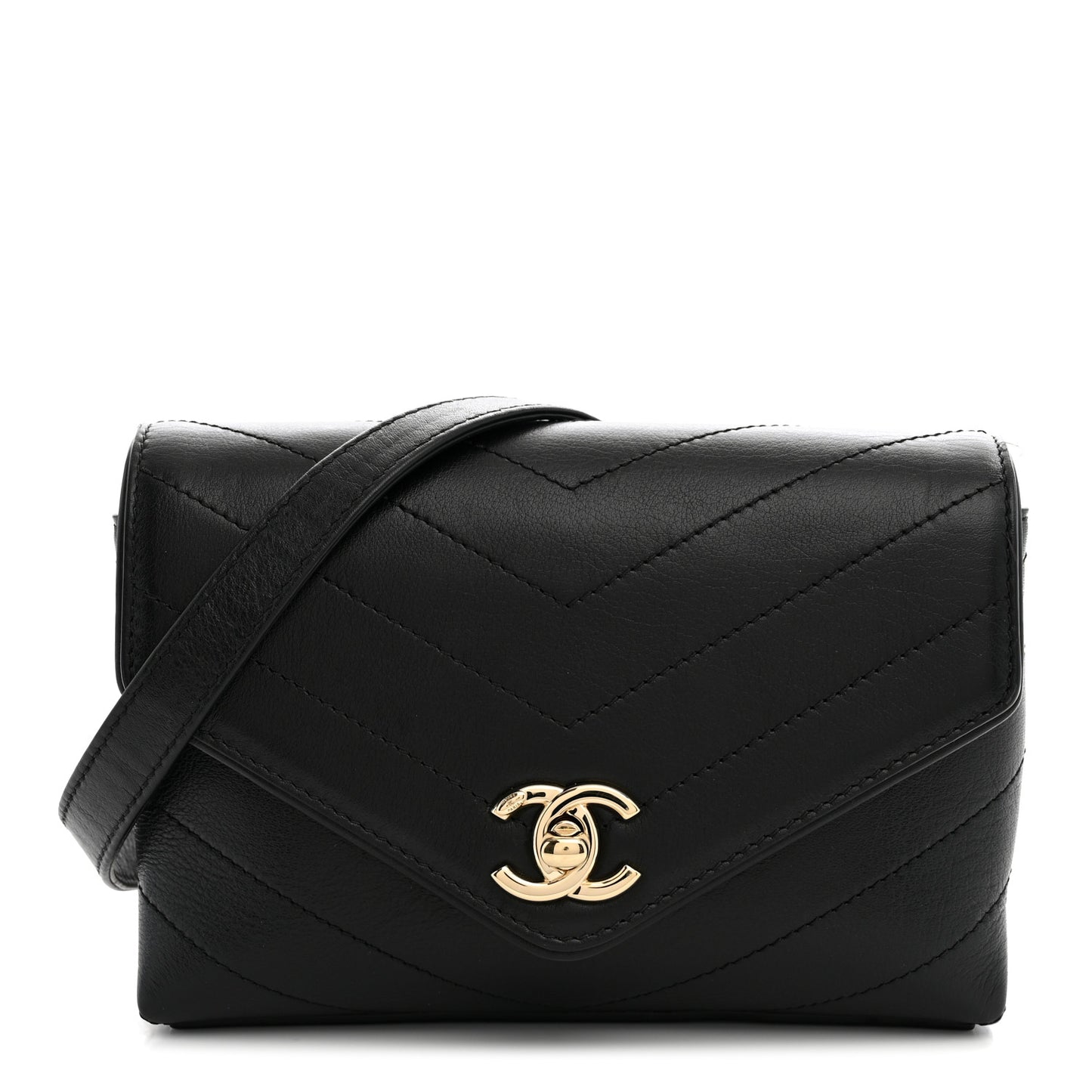 Calfskin Chevron Stitched Coco Waist Bag Black