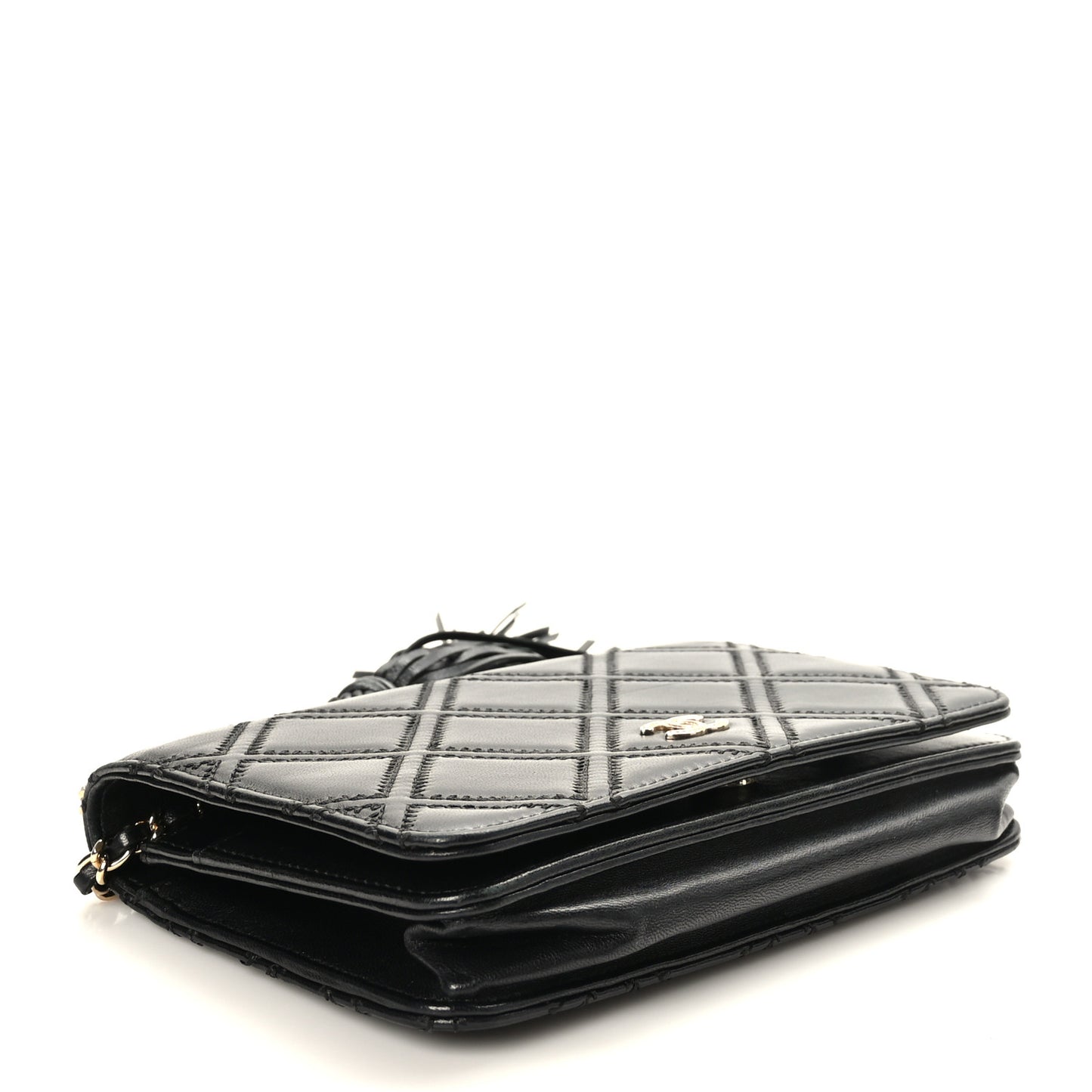 Lambskin Quilted Double Stitch Tassel Wallet On Chain WOC Black