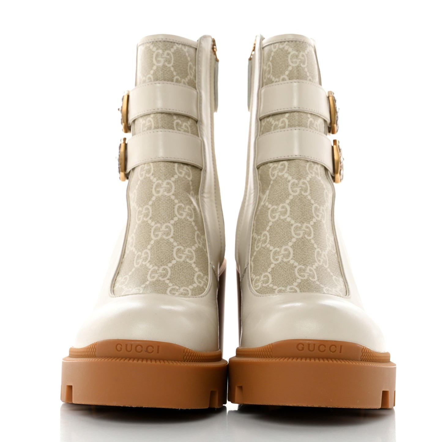 Kensington Calfskin Nappa GG Supreme Monogram Womens Double Buckle Ankle Boots 40 Mystic White Beige