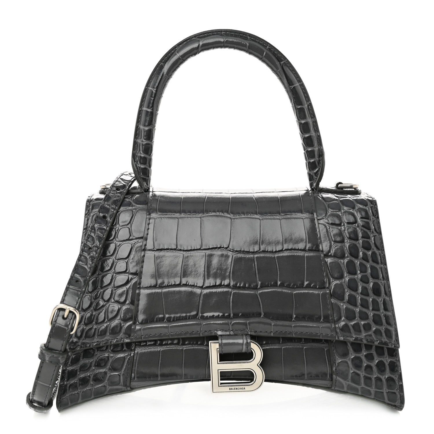 Balenciaga Shiny Calfskin Crocodile Embossed Small Hourglass Top Handle Bag Dark Grey 1 of 10