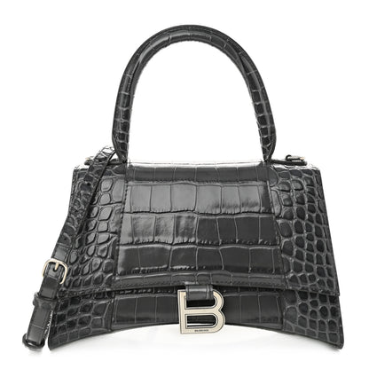 Balenciaga Shiny Calfskin Crocodile Embossed Small Hourglass Top Handle Bag Dark Grey 1 of 10