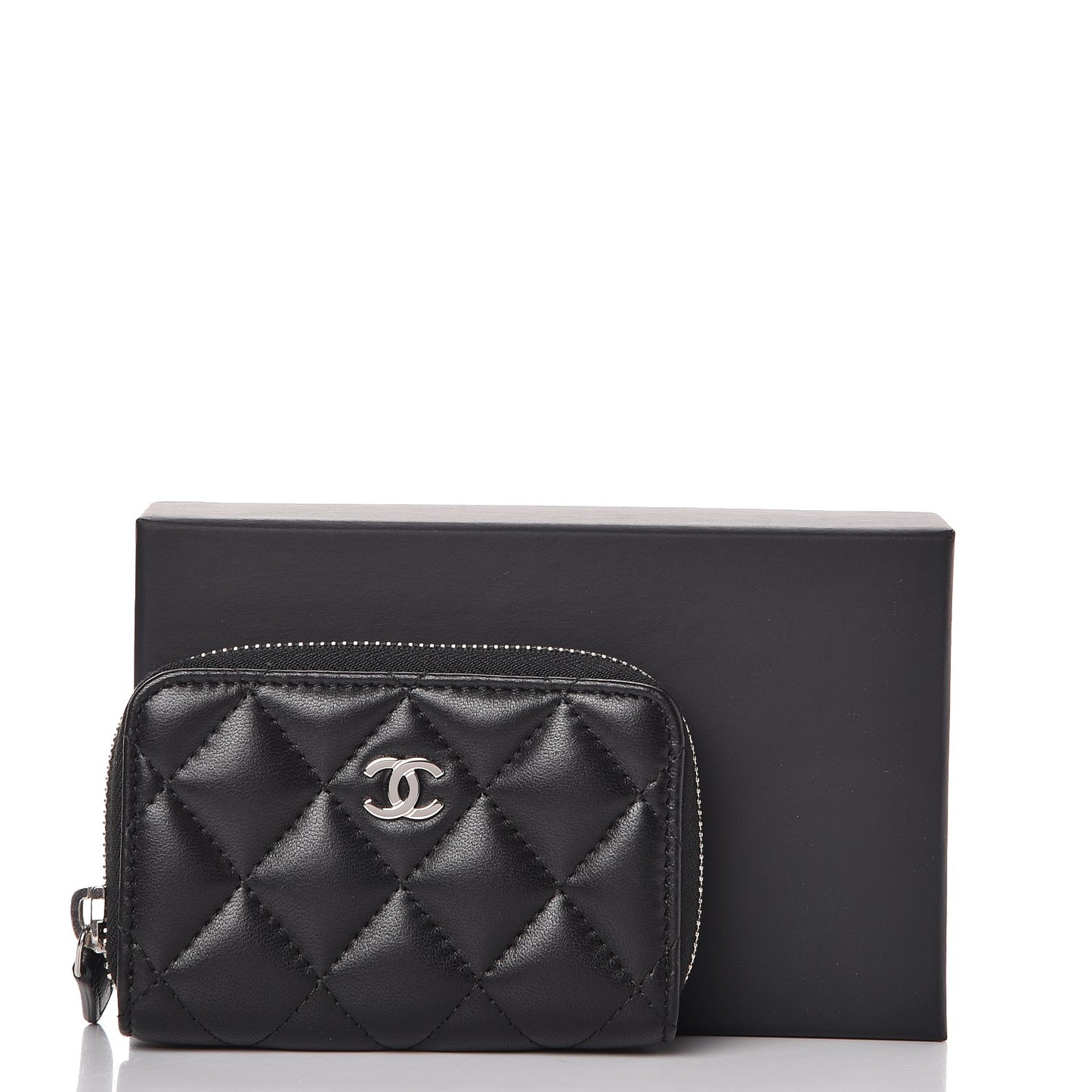 Lambskin Quilted Zip Around Coin Purse Wallet Black