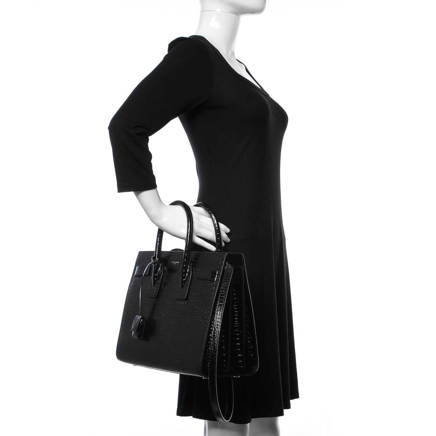 Saint Laurent Calfskin Crocodile Embossed Small Sac de Jour Black 3 of 11