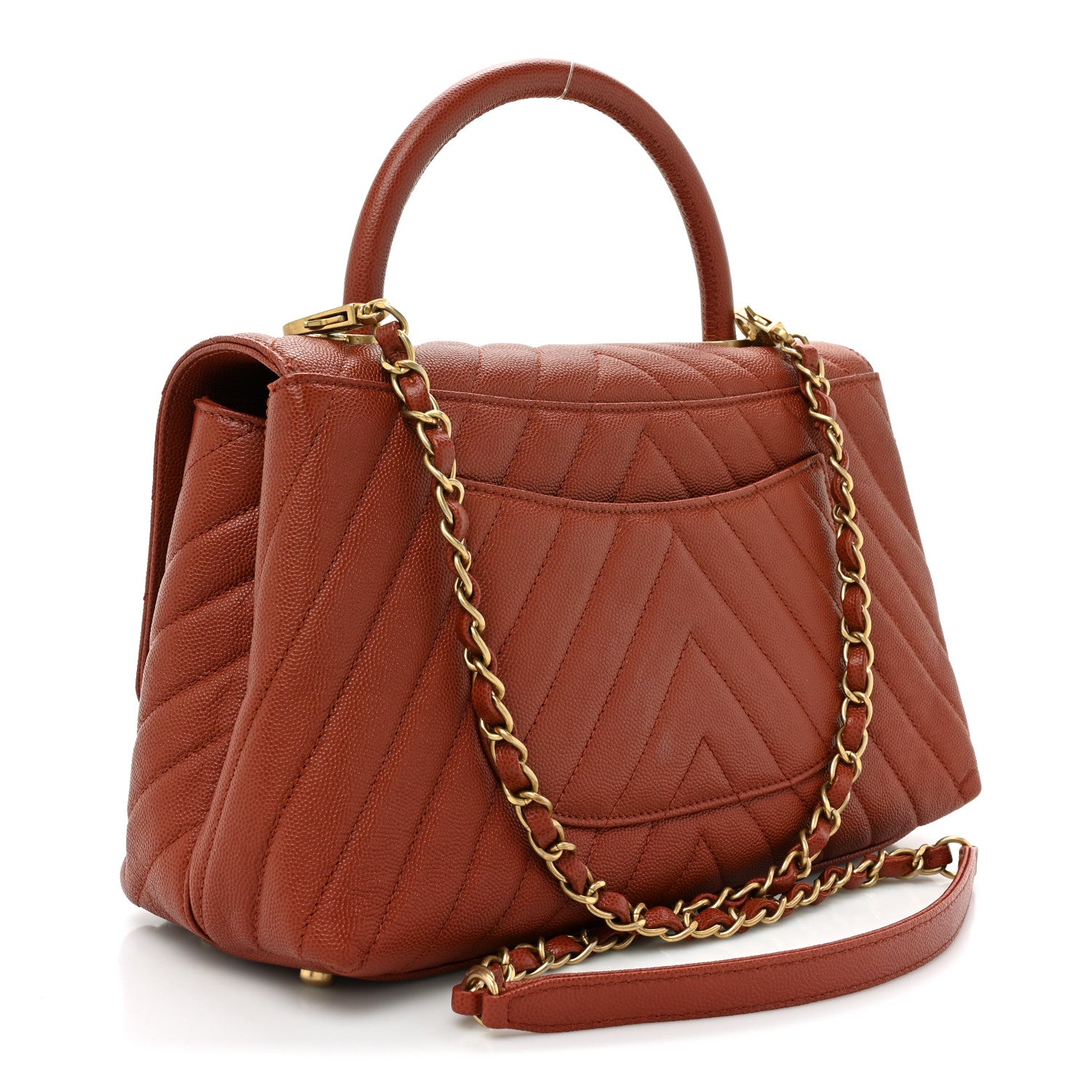 Chanel Caviar Chevron Quilted Small Coco Handle Flap Dark Orange 3 of 11