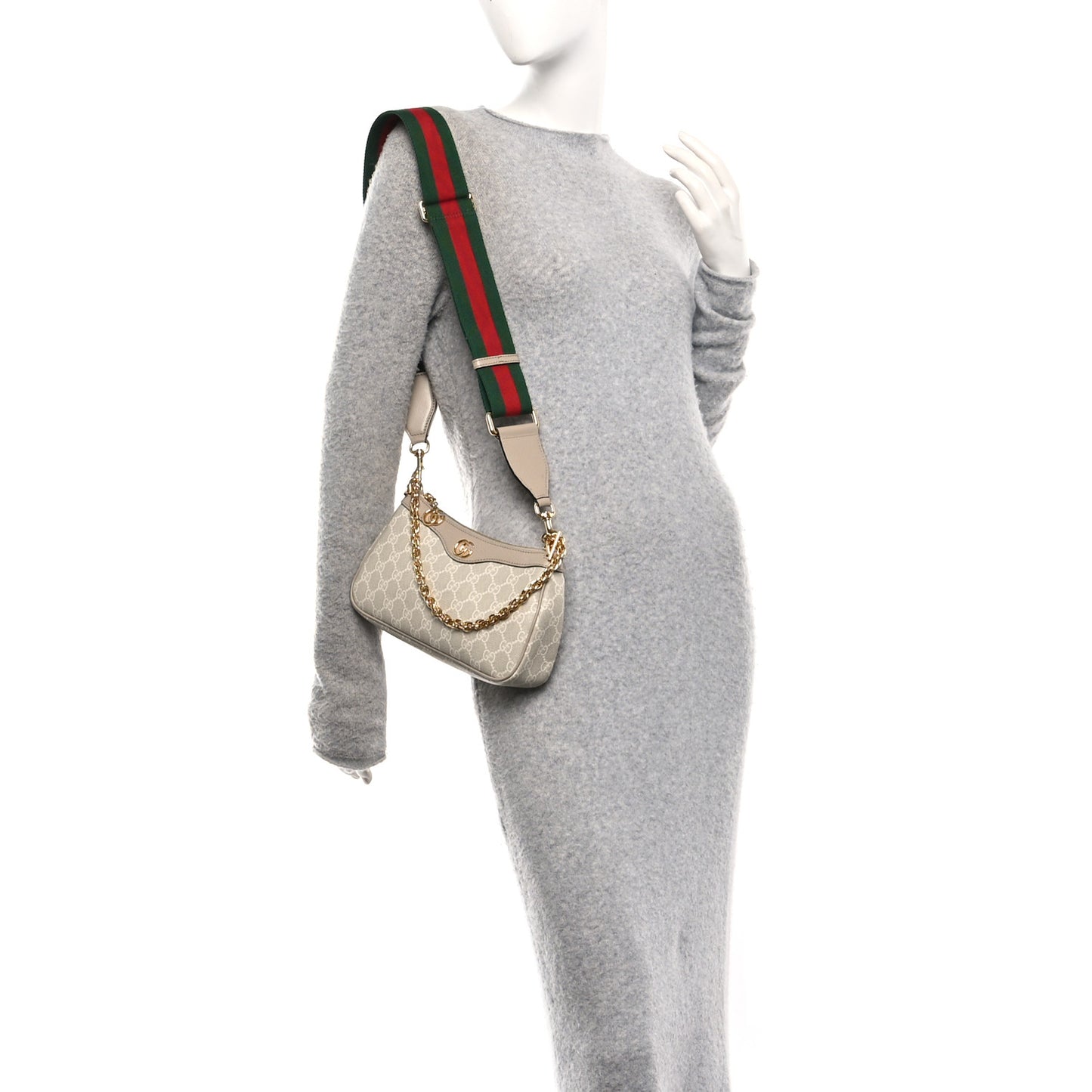 GG Supreme Monogram Textured Dollar Calfskin Web Small Ophidia GG Handbag Beige Mystic White Oatmeal