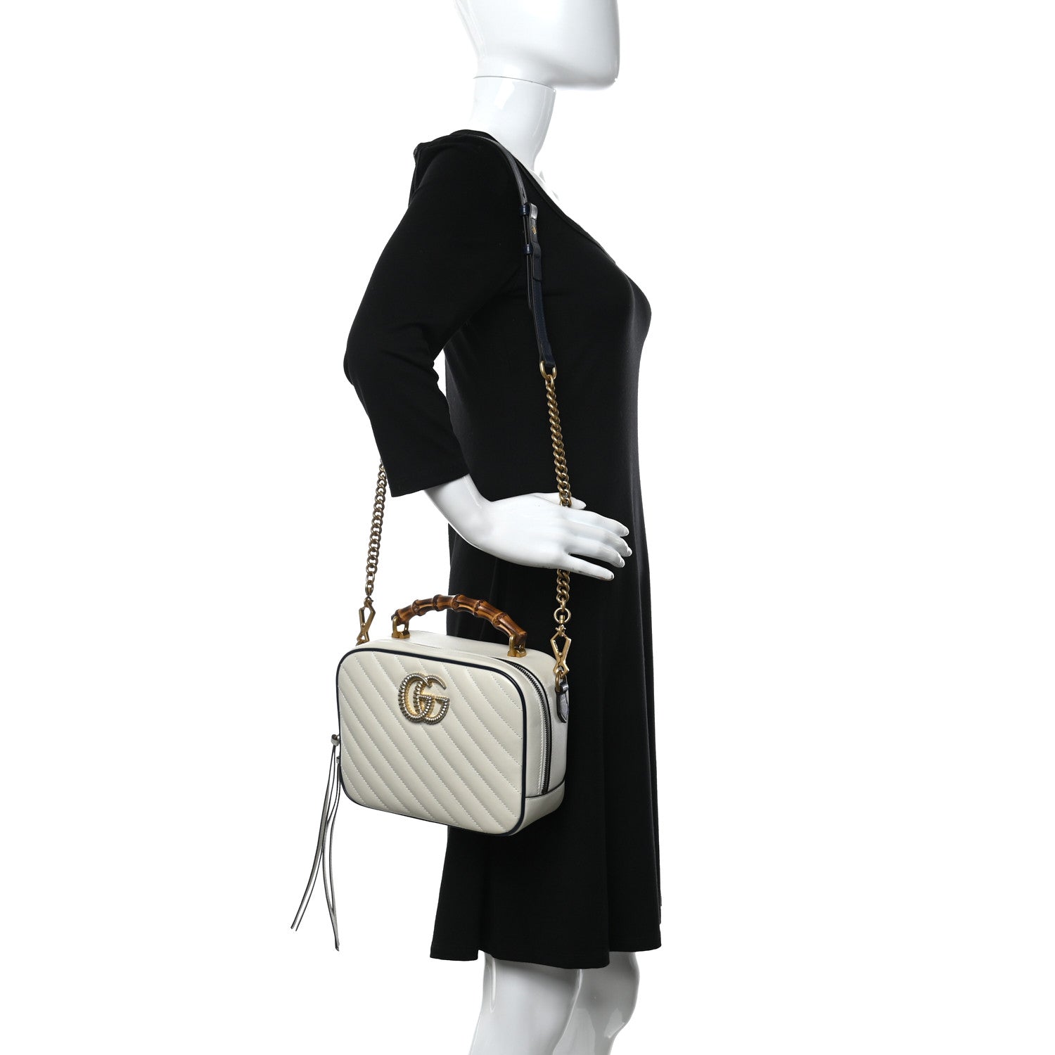 Gucci Vintage Effect Calfskin Matelasse Diagonal Small Torchon GG Marmont Bamboo Top Handle Shoulder Bag Mystic White Blue Agata 2 of 9