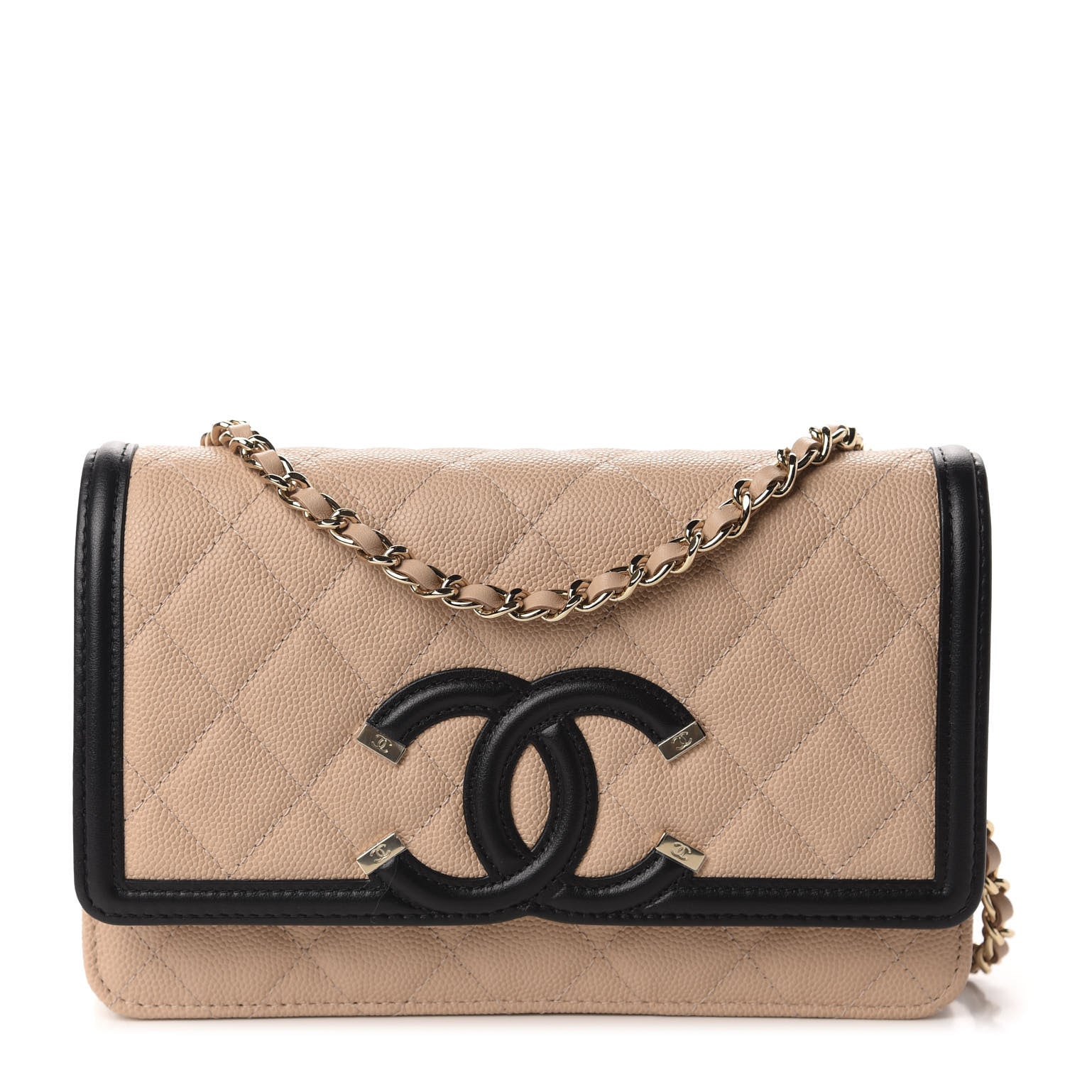 Chanel Caviar Quilted CC Filigree Wallet On Chain WOC Beige Black 1 of 12