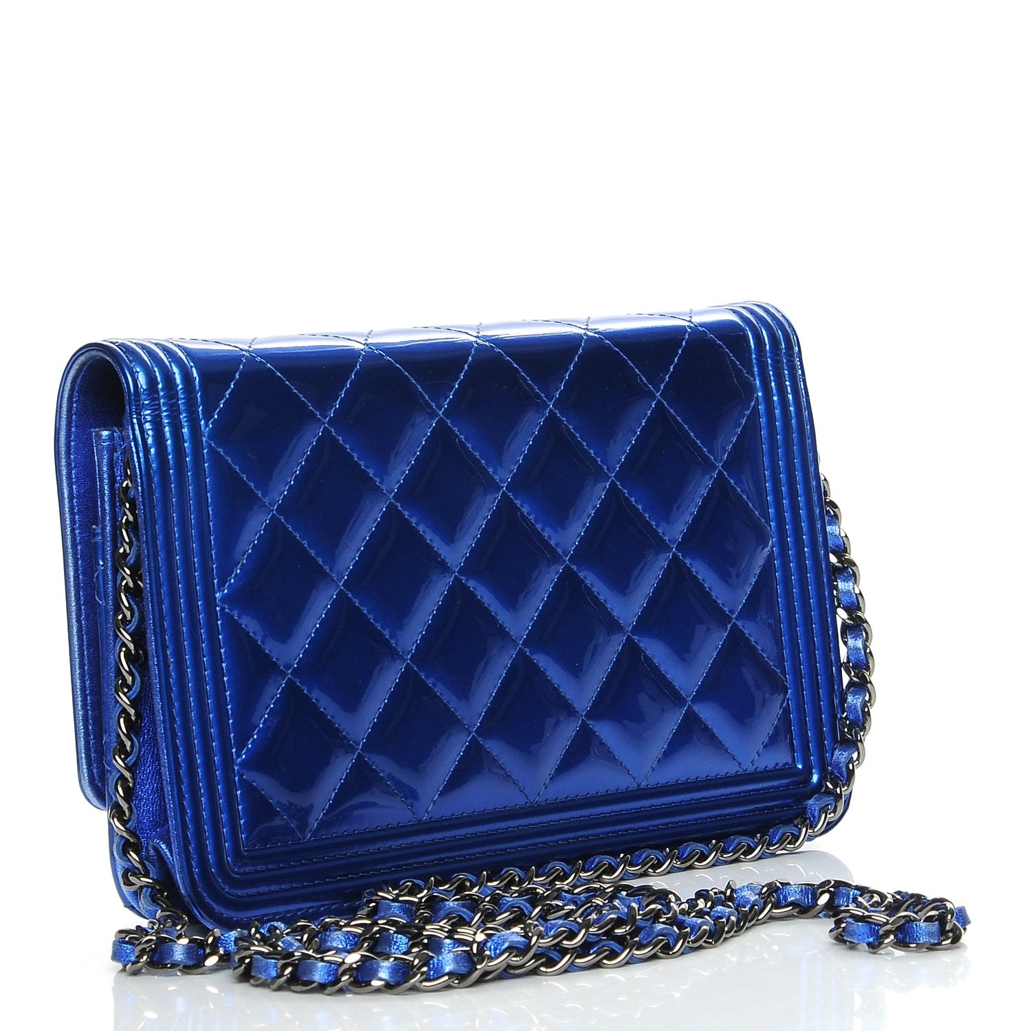 Chanel Metallic Patent Calfskin Quilted Boy Wallet On Chain WOC Blue 2 of 16