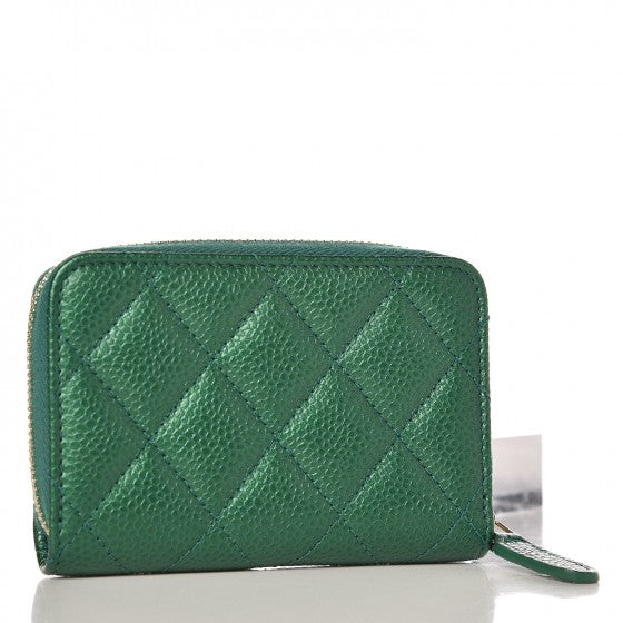 Metallic Caviar Quilted Zip Coin Purse Green
