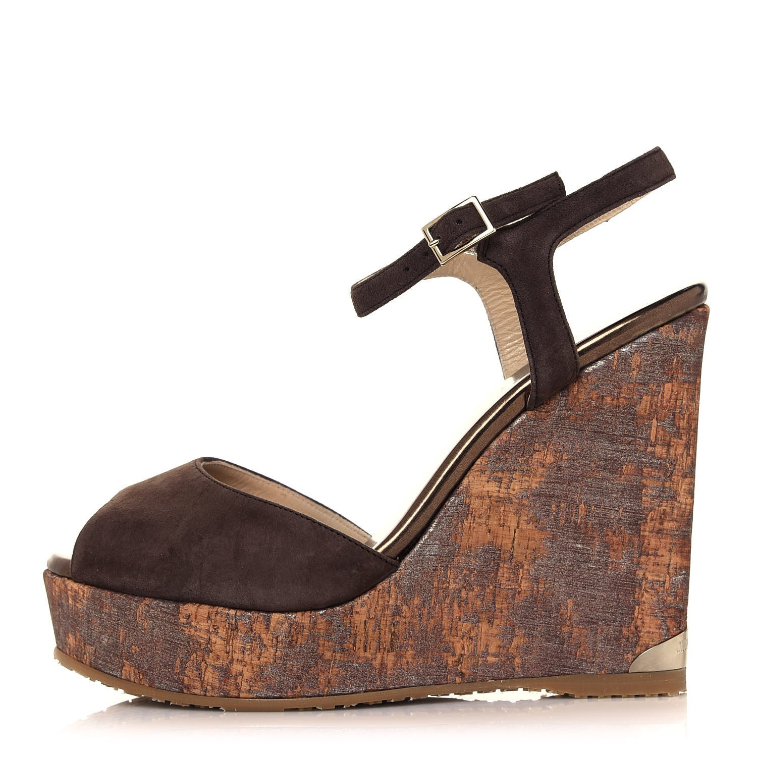Jimmy Choo Suede Cork Perla 120 Wedge Sandals 37.5 Pecan 1 of 9