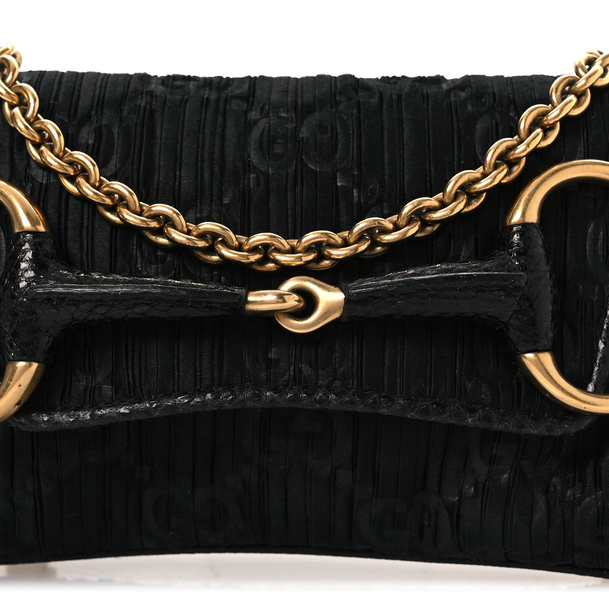 Satin Snakeskin Monogram Mini Horsebit Chain Clutch Black