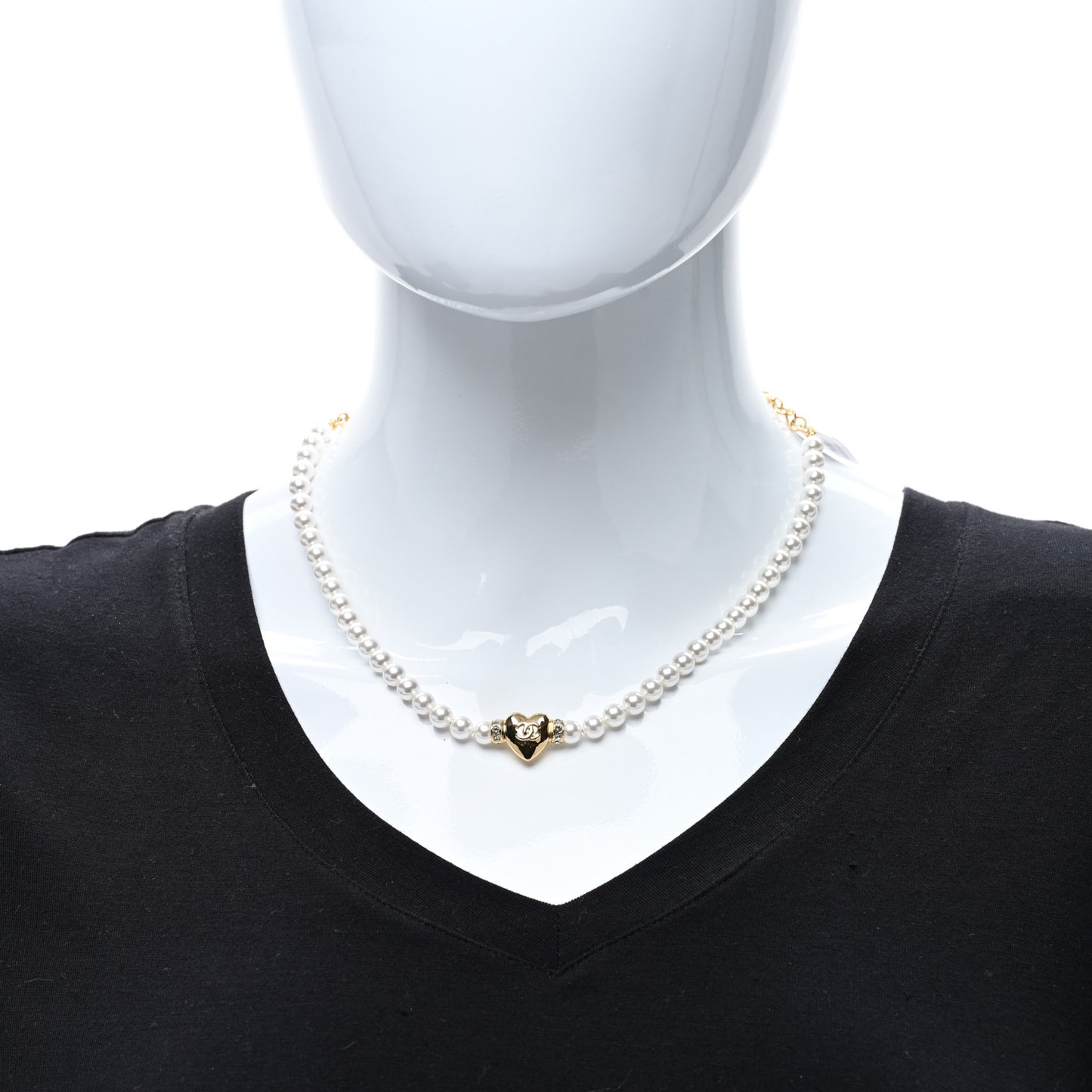 Crystal Pearl CC Heart Choker Necklace Gold
